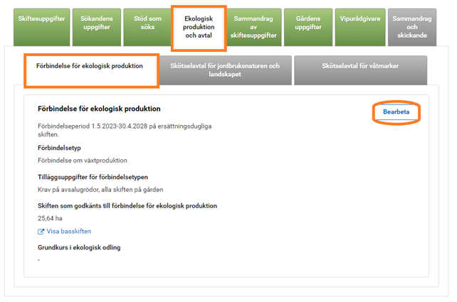 Skärmdump från Viputjänsten mellanbladet Ekologisk produktion och avtal