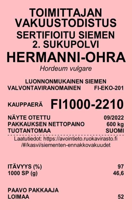 Toimittajan vakuustodistus vaaleanpunainen pohja Hermanni_ohra_ sertifioitu luonnonmukainen siemen 2.sukupolvi