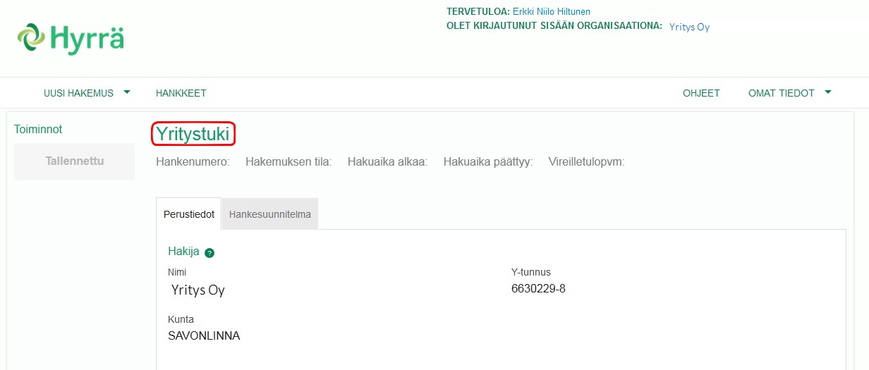 Yritystuen perustiedot -välilehti.