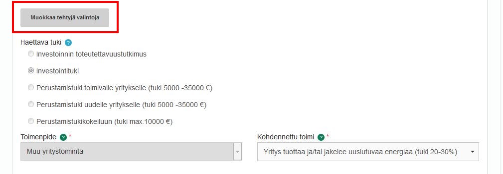 Muokkaa tehtyjä valintoja -painike.