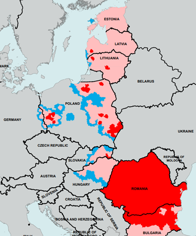 EU:n vahvistamat ASF-rajoitusalueet Keski-Euroopassa. Punainen väri tarkoittaa tartuntoja kotisioissa, vaaleanpunainen tartuntoja luonnonvaraisissa villisioissa ja sininen tartunta-alueen reunalle nimettyä puskurialuetta.
