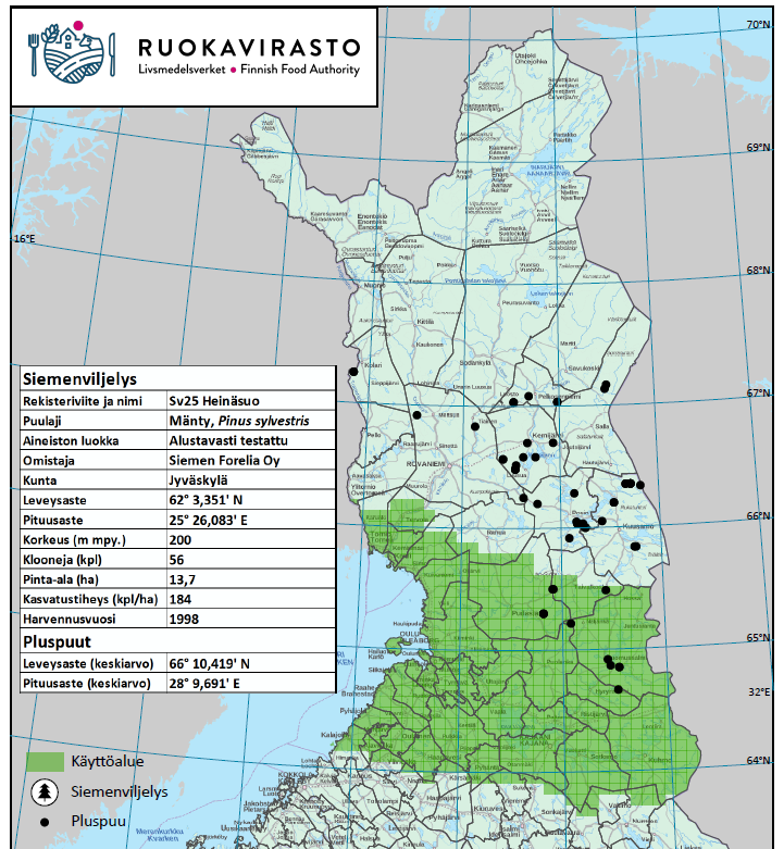 Männyn siemenviljelysten käyttöaluekartta.