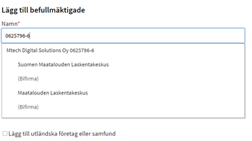 Sök företaget som ska ges fullmakt med FO-numret (se tabellen nedan)