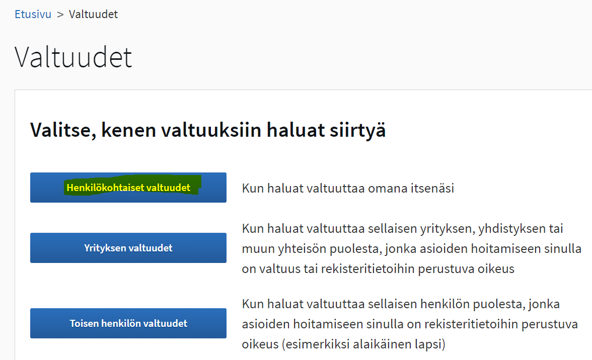 Valitse Henkilökohtaiset valtuudet.