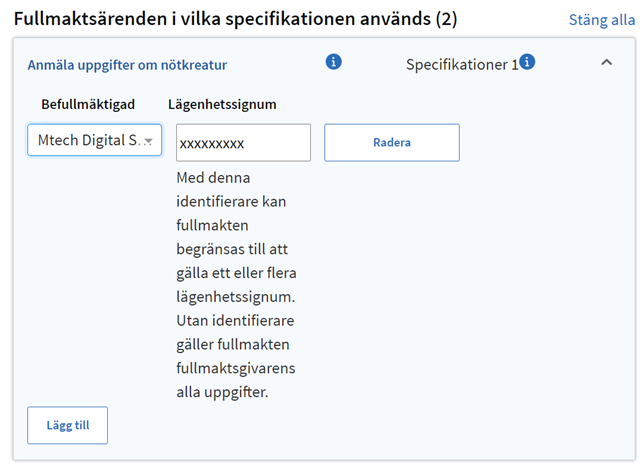 Fullmaktsärenden i vilka specifikationen används.