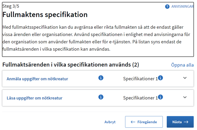 Fullmaktens specifikation.