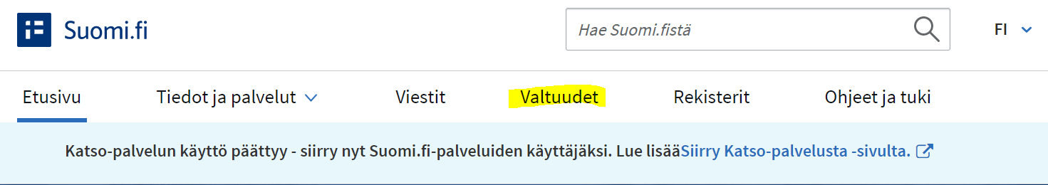 Mene suomi.fi-sivustolle ja tunnistaudu sisään henkilökohtaisilla tunnuksillasi. Valitse valtuudet.