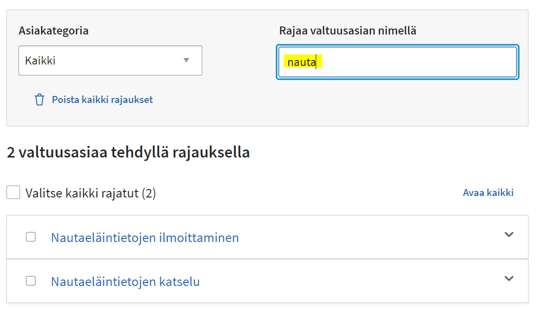  Anna valtuusasiat. Rajaa valtuusasia nimellä.