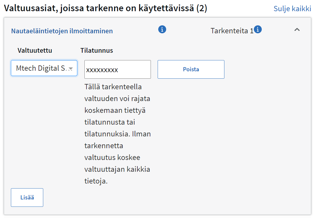 Valtuusasiat, joissa tarkenne on käytettävissä.