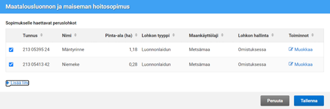 Kuvakaappaus vipusta, valitut lohkot sopimukselle