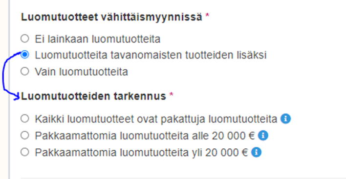 Luomutuotteita tavanomaisten tuotteiden lisäksi-valinta.