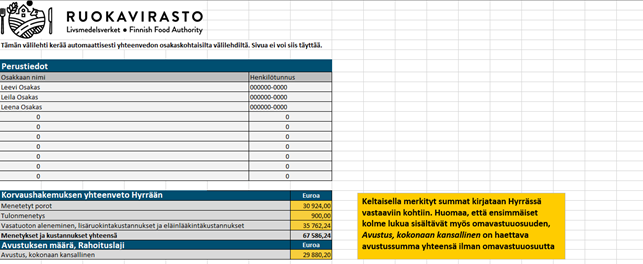 Vahinkolaskenta-liitteen Yhteenveto-välilehti.