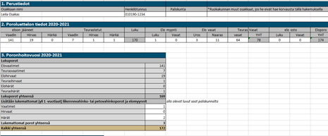 Vahinkolaskenta-liitteen osakas-välilehden perustiedot, poroluettelon tiedot ja poronhoitovuosi 2020–2021-taulukoista.