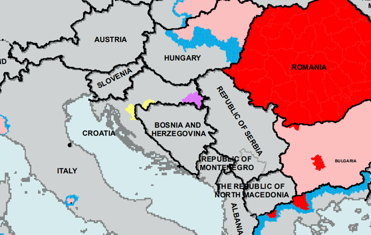 Karttakuva Kroatiasta ja lähinaapureista. Kartassa merkittynä violetilla ja keltaisella uudet taudin esiintymisalueet.