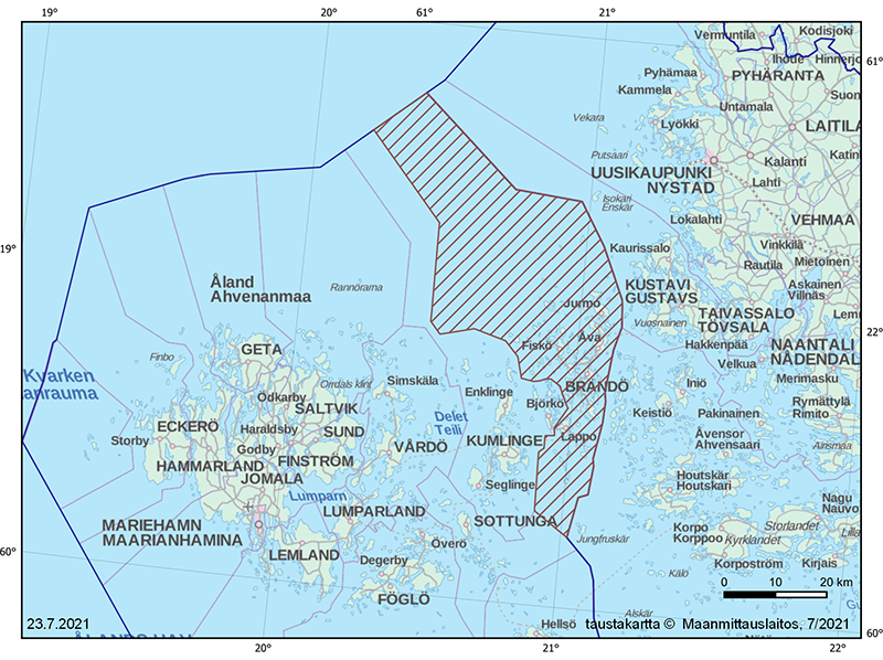 Karttakuva rajoitusvyöhykkeestä Ahvenanmaalla.