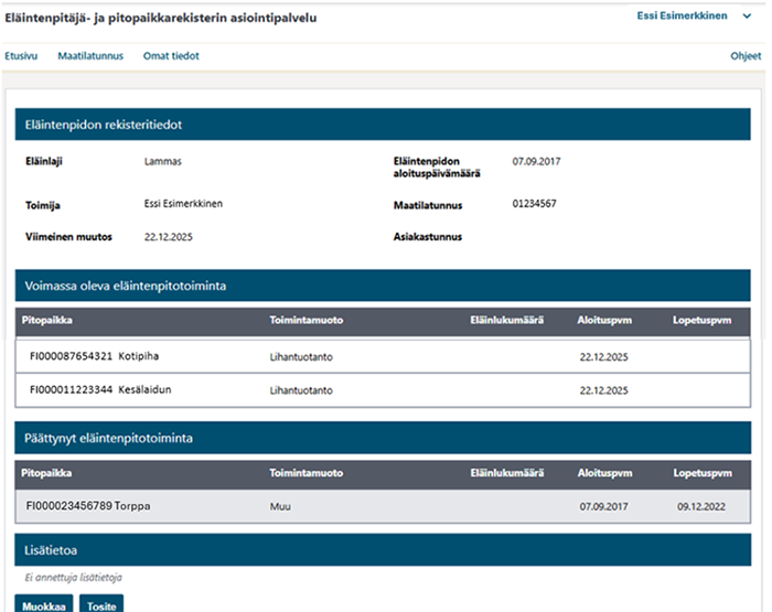 Eläintenpitoilmoitus EPR:ssä.
