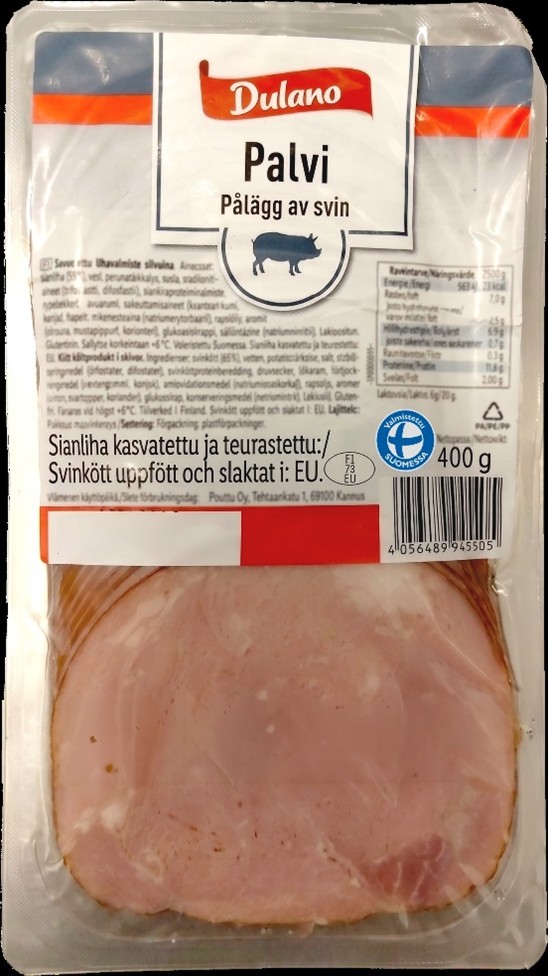 Dulano-tuotemerkin siivutettua palvilihaa, pakkauskoko 400 grammaa.