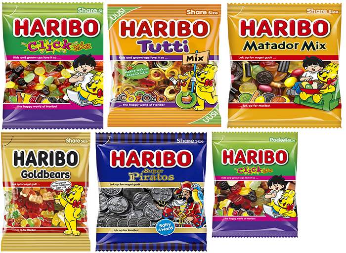 Erilaisia Haribo-makeispusseja 6 kappaletta.