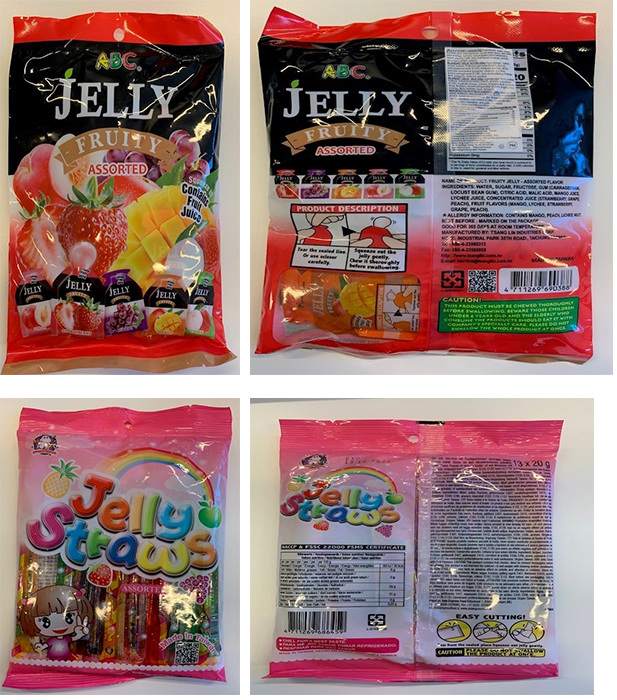 Fyra bilder på gelégodis produktförpackningar. 