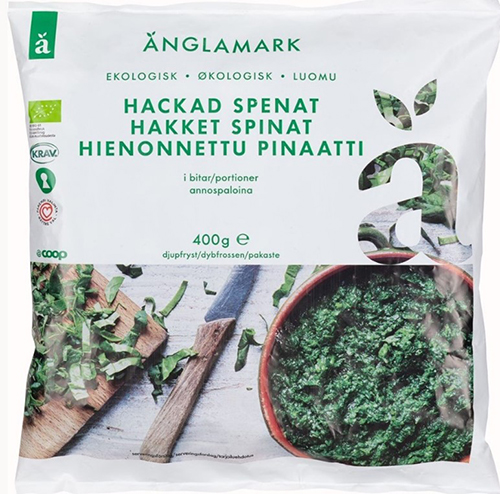 Änglamark ekologisk hackad spenat i bitar/portioner, 400 g.