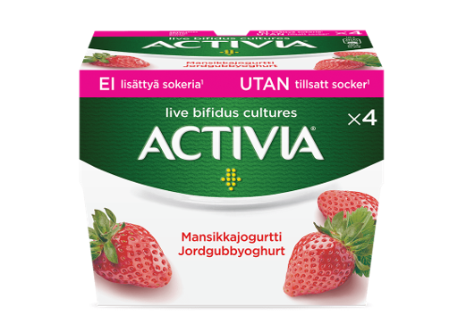 Activia mansikkajogurtti ilman lisättyä sokeria (4 x 125 g).