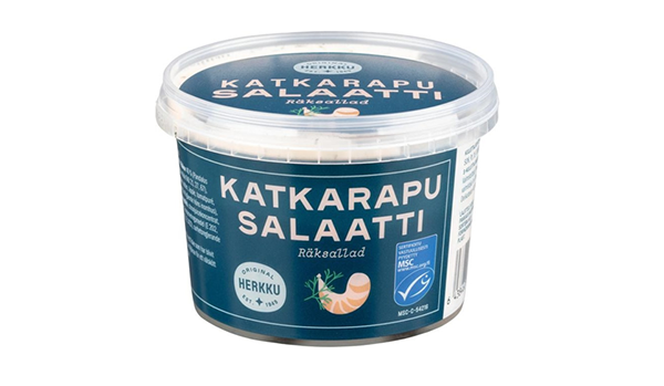 Herkku Räksallad 180 g med bästföredatumet 27.4.2024.