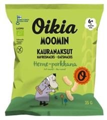 Oikia Moomin-tuotemerkin herne-porkkana -luomukauranaksuja, pakkauskoko 35 grammaa.