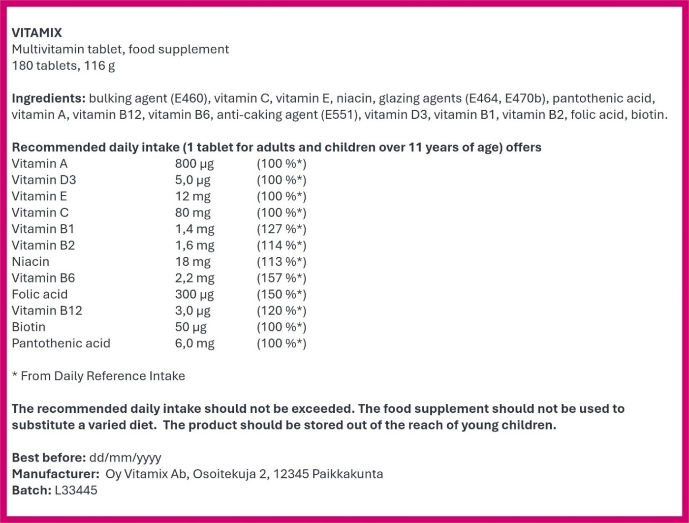 An example of a food supplement label that contains the mandatory labels in Finnish and Swedish required in food supplements.