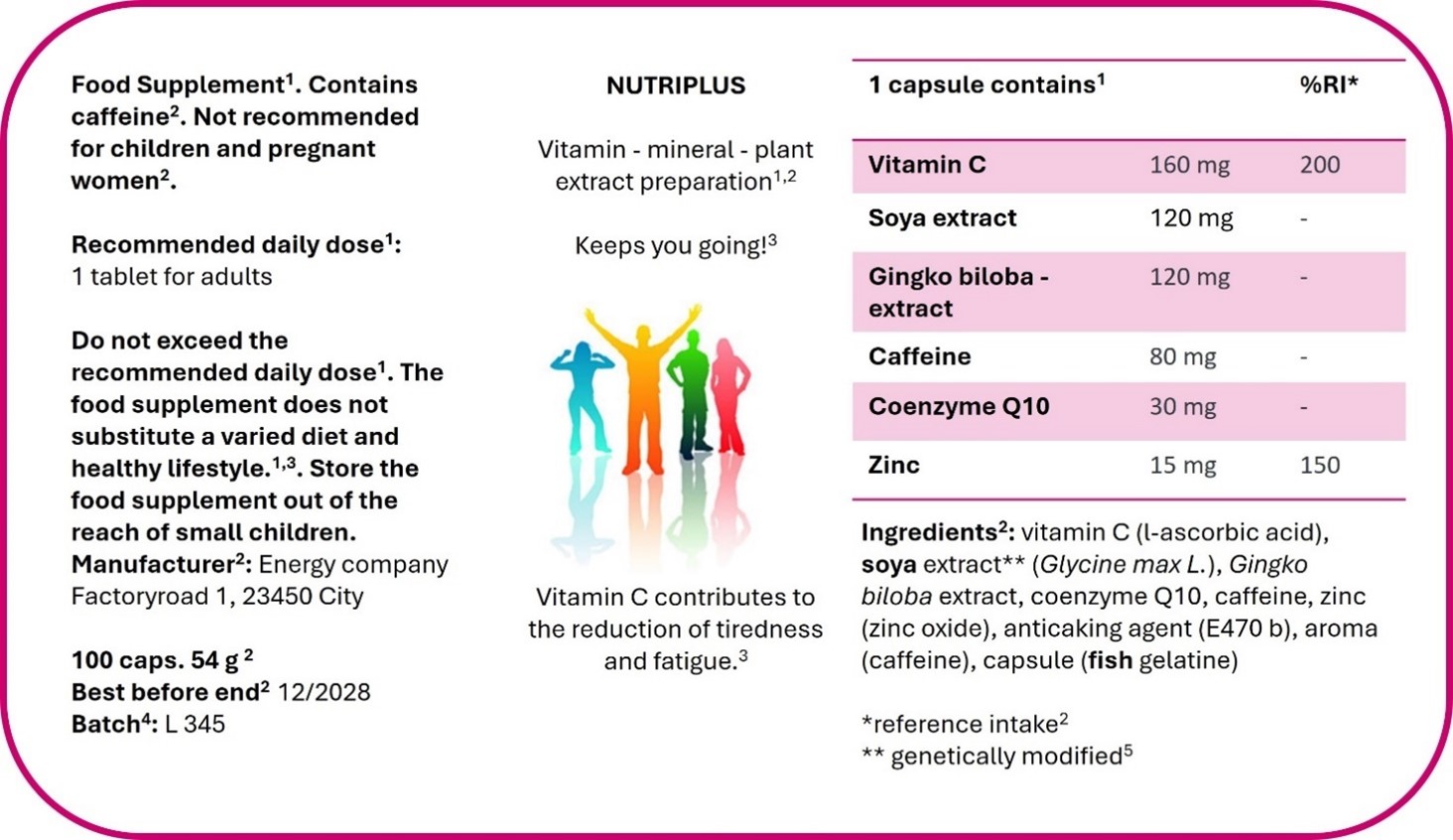 An example of a labelling of food supplements with footnotes expressing the legislative basis for the labelling requirement.
