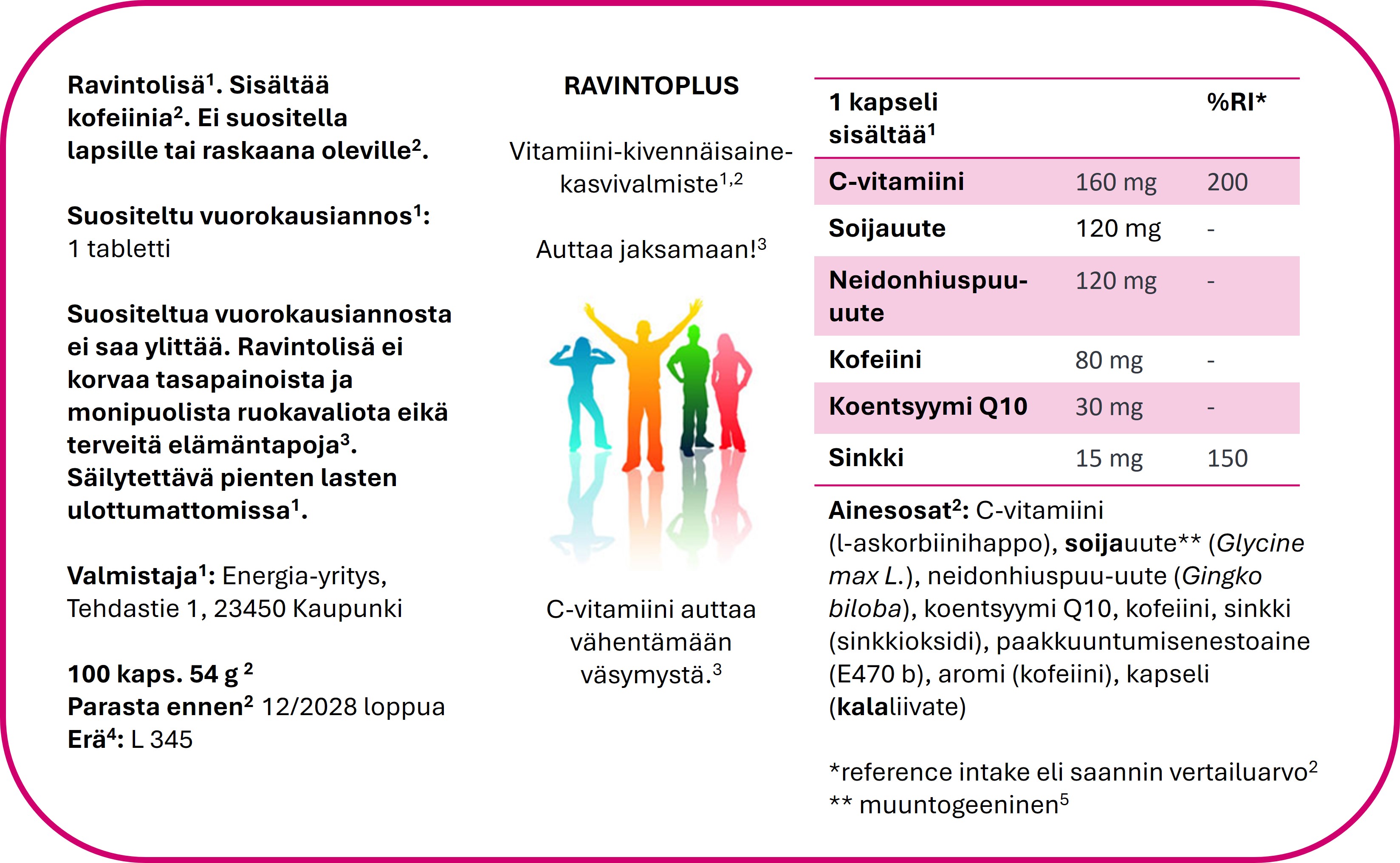 Malli ravintolisän pakkausmerkinnöistä, joissa on ilmoitettu merkintöjä koskevat vaatimukset lainsäädäntöviittein.