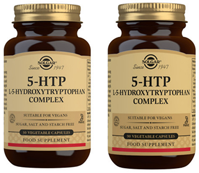 5-HTP Complex ravintolisän 2 purkkia: pakkauskoot 30 ja 90 kapselia.