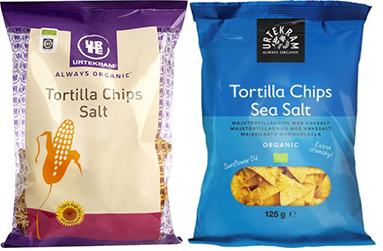 Urtekram Tortilla Chips (125 g) pakkaukset.