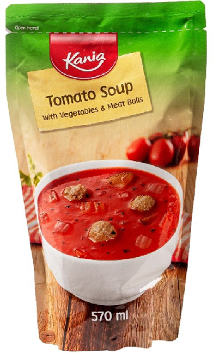 Kania tomatsoppa med grönsaker och köttbullar, 570 ml.