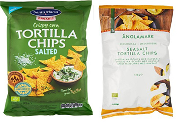 Luomumaissilastupakkaukset: Santa Maria Tortilla Chips Organic ja Änglamark Seasalt Tortilla Chips.