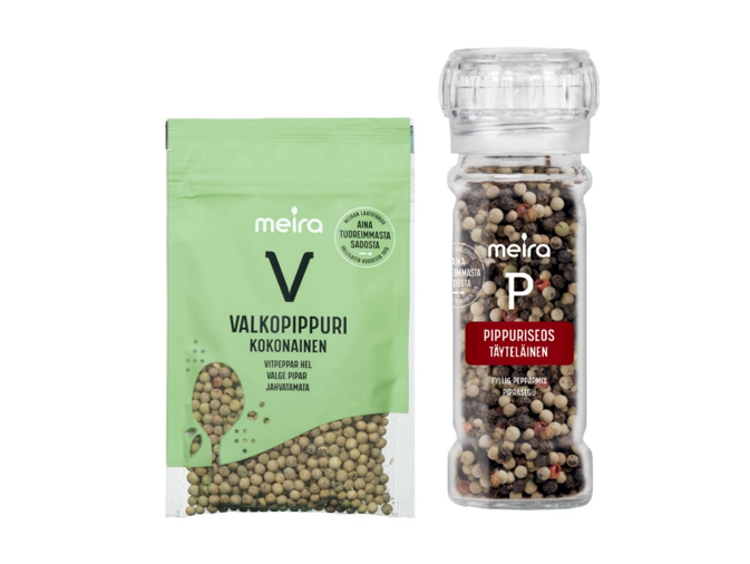 Meira Vitpeppar, hel (påse på 34 g), bäst före: 29.4.2026 Meira Fyllig pepparmix, ej tillsatt salt (kryddkvarn på 49 g), bäst före: 7.5.2026 och 10.5.2026