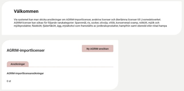 Bild 12 I delsystemet Import och export ser du knapparna Ny AGRIM-ansökan