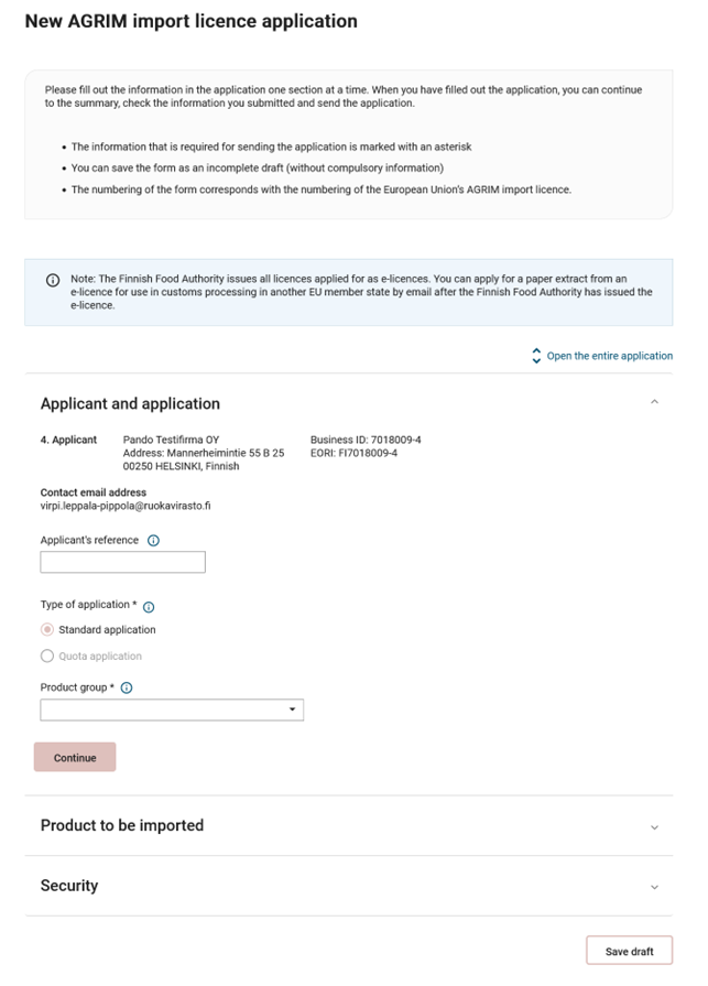 Screenshot of the AGRIM application form