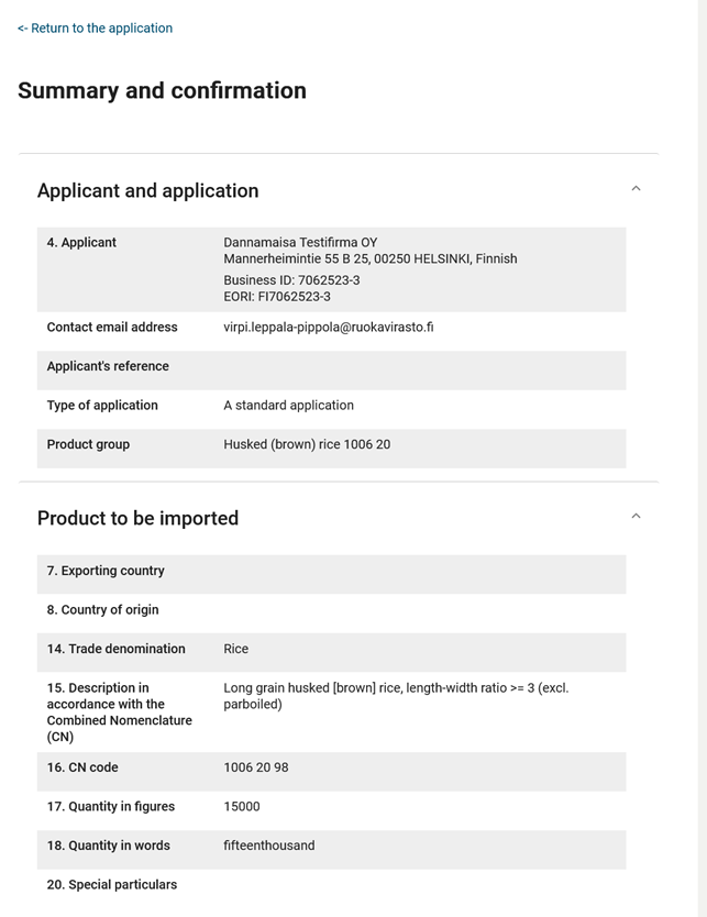 Screenshot of the Application's Summary