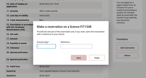Screenshot of Making a reservation on licence