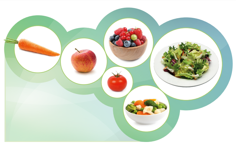 På bilden visas ett exempel på dagens portioner med grönsaker och frukt; sallad, tillredda grönsaker, tomat, äpple, morot och bärportion.