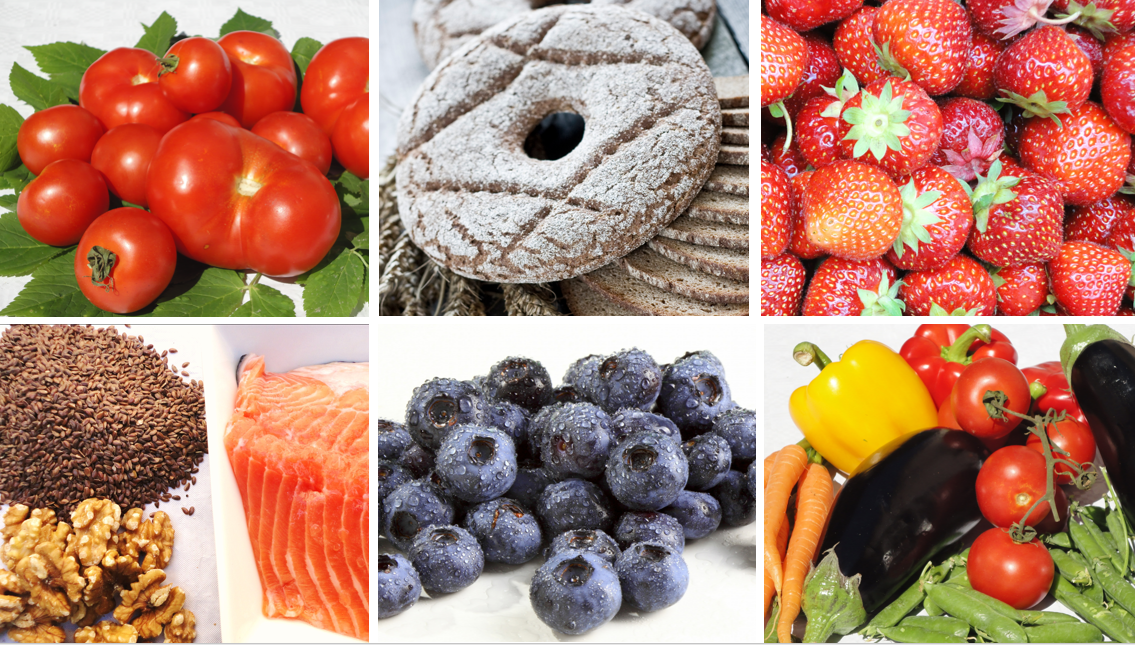 Kuvassa aivoterveellisiä ruokia kuten vihanneksia, marjoja, täysjyväviljaleipää, palkokasveja, kalaa, pähkinää ja siemeniä.