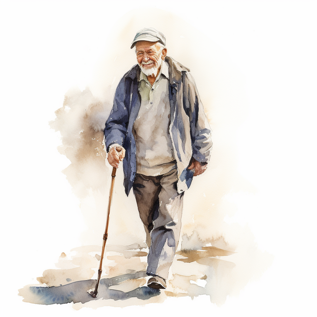 Kuvassa ikääntynyt mies kävelee kepin kanssa.