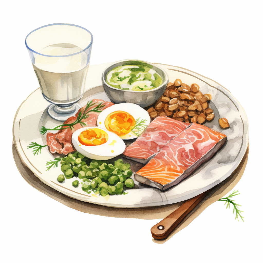Kuvassa proteiininlähteitä kuten kalaa, palkokasveja, maitoa ja kananmunaa.
