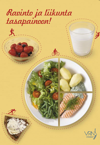 Ravinto ja liikunta tasapainoon! - esitteen kannessa kalaa ja kasviksia lautasella, maitoa juomalasissa, ruisleipää ja marjoja jälkiruokakulhossa.