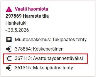 Maksuhakemus avattu t&auml;ydennett&auml;v&auml;ksi