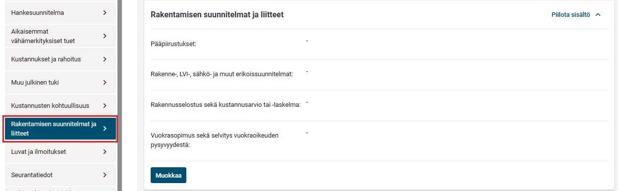Yritystuki rakentamisen suunnitelmat ja liitteet