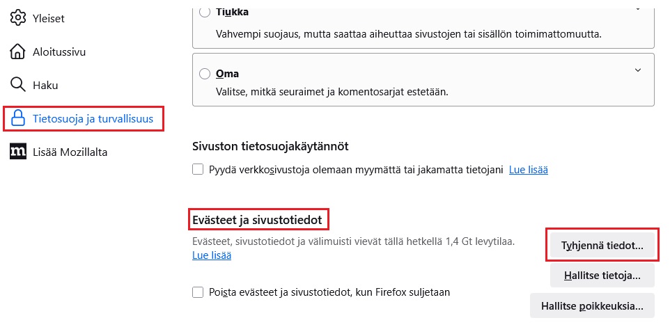 Firefox evästeet ja sivustotiedot