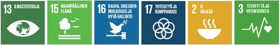 YK:n kestävän kehityksen tavoitteet (SDG): 13, 15, 16, 17, 2, 3.