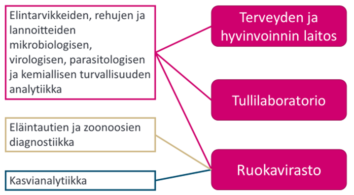 Kansallisten vertailulaboratorioiden tehtäviä hoitavat Ruokavirasto, Tullilaboratorio ja Terveyden ja hyvinvoinnin laitos. Kansallisten vertailulaboratorioiden tehtävät kattavat elintarvikkeiden, rehujen ja lannoitteiden mikrobiologisen, virologisen, parasitologisen ja kemiallisen turvallisuuden analytiikan (Ruokavirasto, Tullilaboratorio ja Terveyden ja hyvinvoinnin laitos), eläintautien ja zoonoosien diagnostiikan (Ruokavirasto) sekä kasvianalytiikan (Ruokavirasto).