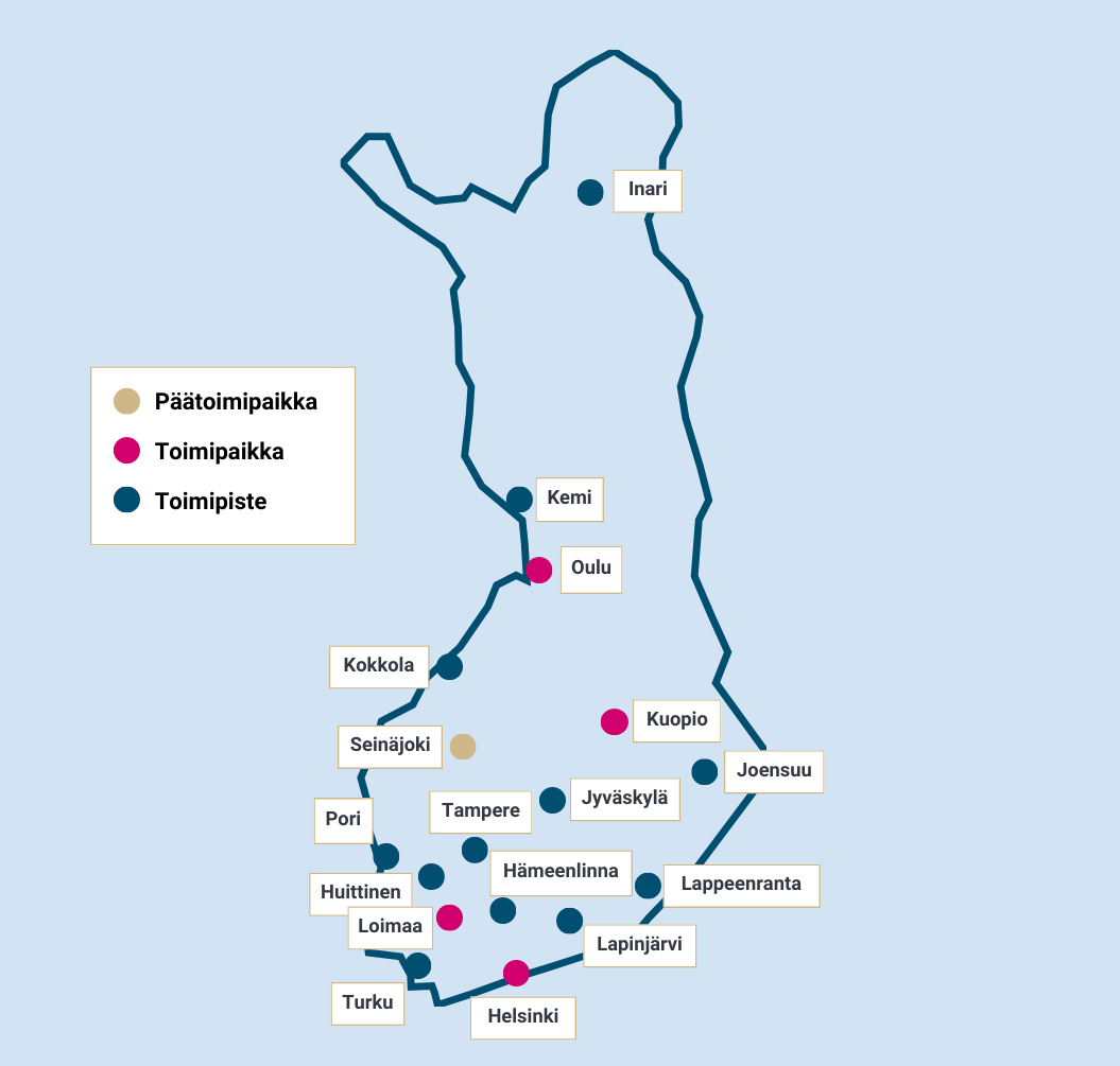 Ruokaviraston toimipaikat kartalla, tarkempi selostus tekstissä.